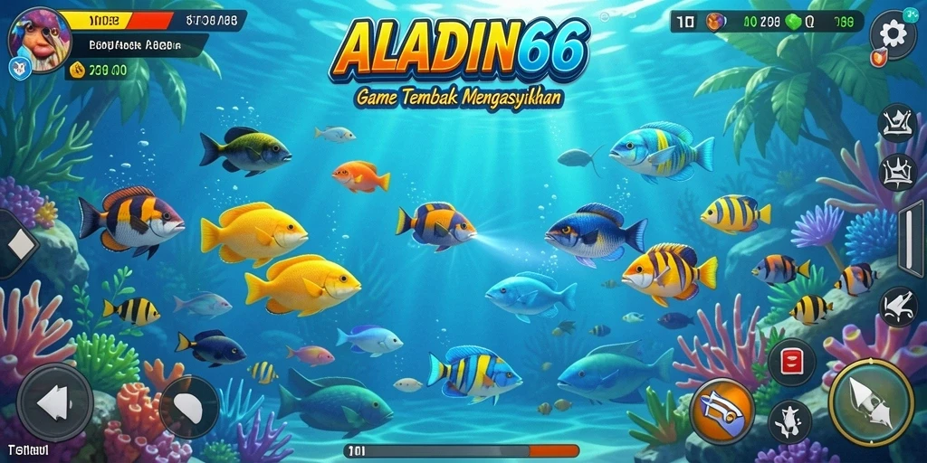 Tampilan gameplay seru ALADIN66 saat menembak ikan di lautan.