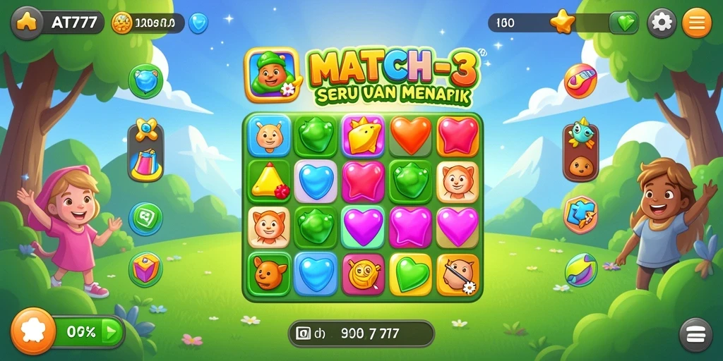 Tampak gameplay seru dari AT777, penuh warna dan tantangan Match-3.