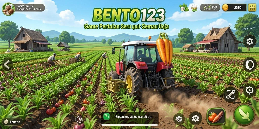 Screenshot gameplay BENTO123 menampilkan ladang yang subur dan aktivitas bertani.