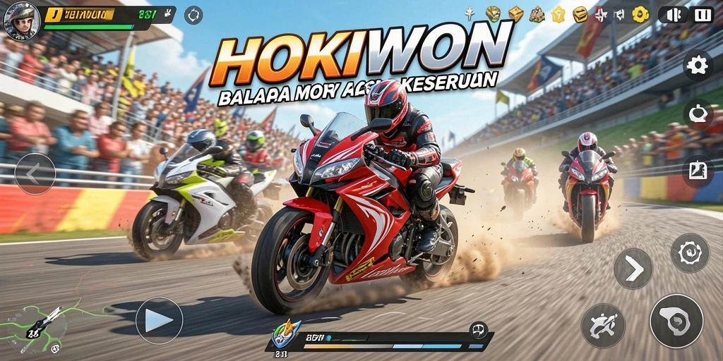 Screenshot HOKIWON menunjukkan balapan motor yang mendebarkan dan thrilling.