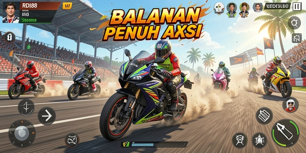 Screenshot gameplay RDI88 yang menampilkan balapan motor yang mendebarkan.