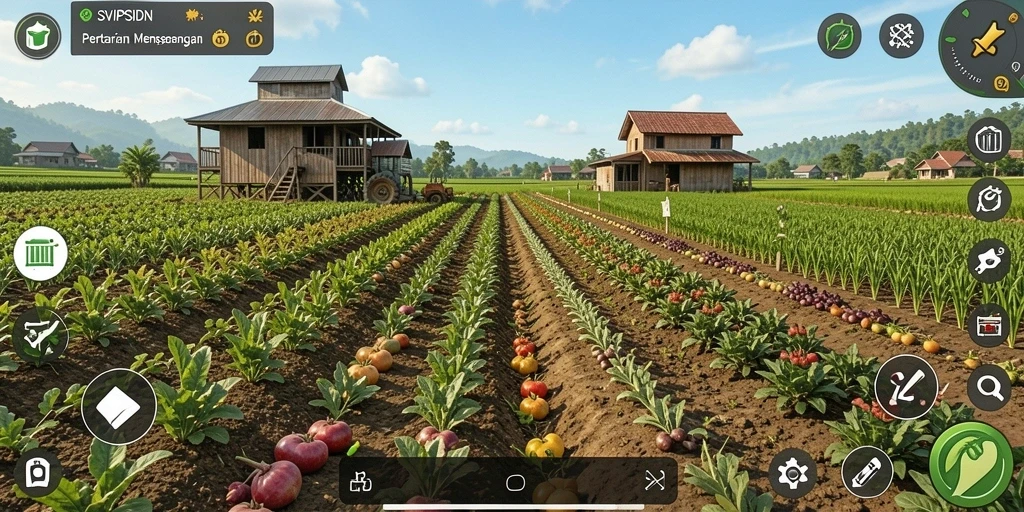 Screenshot utama gameplay pertanian SVIPSIDN menunjukkan aktivitas menanam dan memanen.